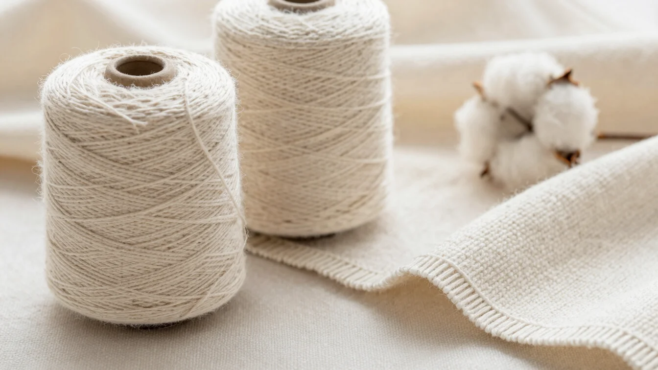 Editorial macro photograph of natural unbleached cotton yarn cones beside a length of knitted cotton fabric showing a cl