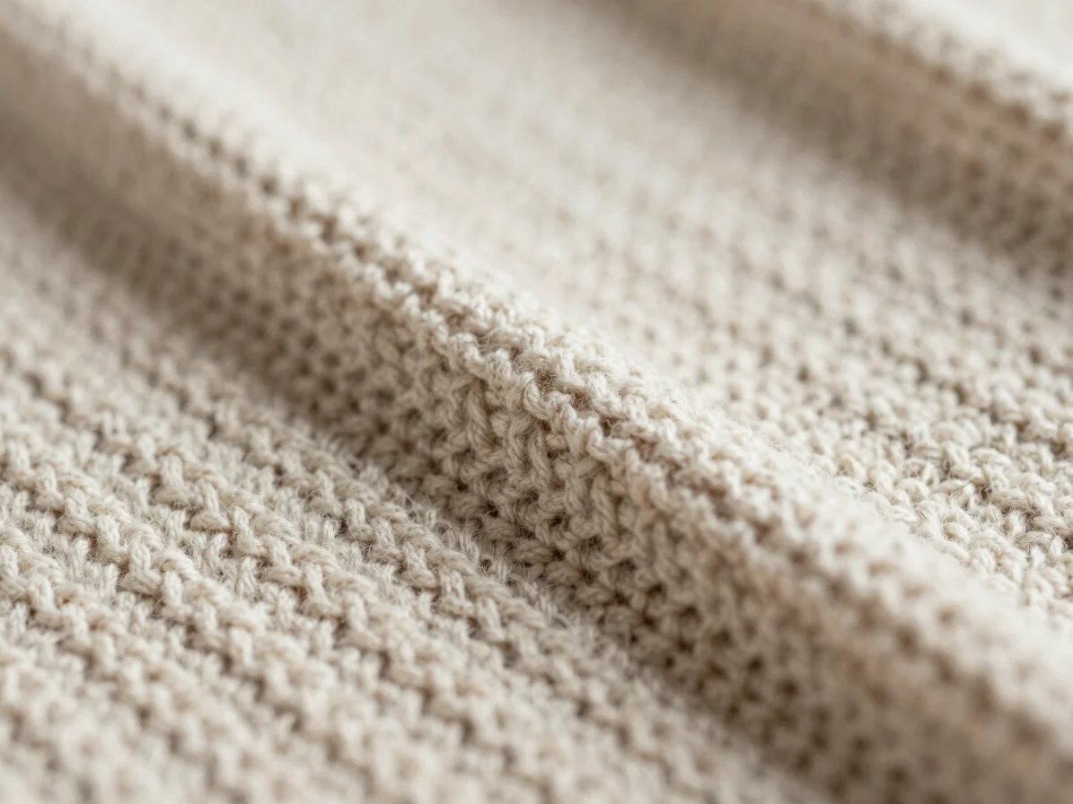 Macro photograph of a knitted cotton fabric surface showing tight interlocking loops, soft diffused daylight, natural co