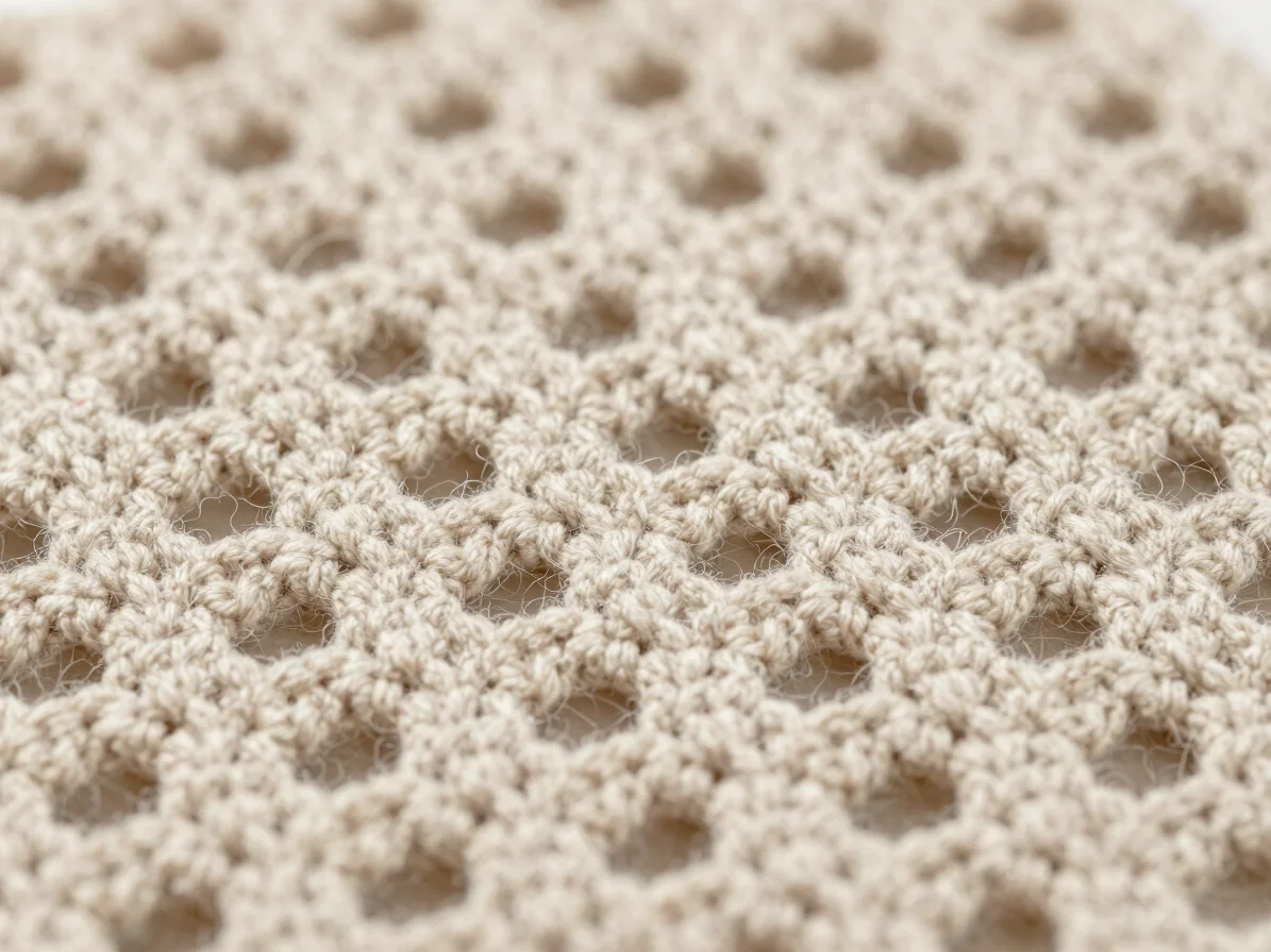 Close crop of crocheted cotton fabric with open eyelet stitch pattern, raw cotton neutrals, soft neutral studio light, m